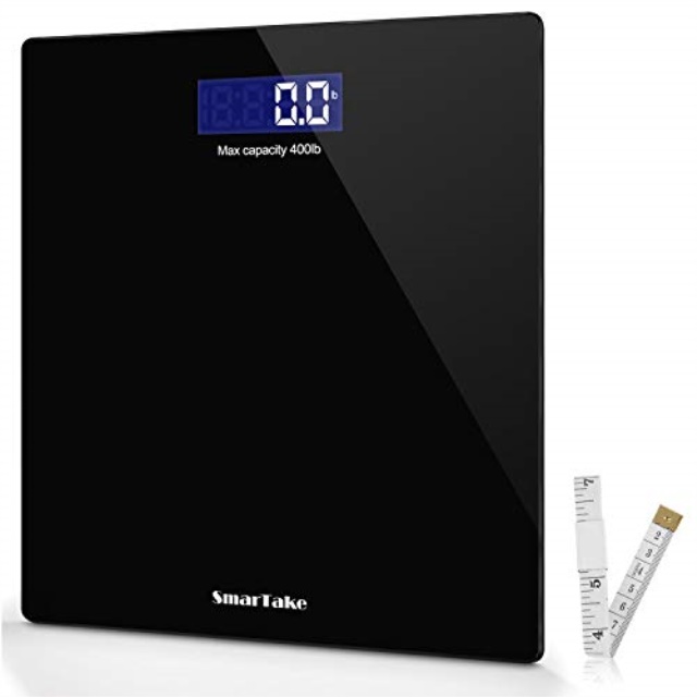 6mm Tempered Glass Easy Read Backlit LED Display 400 Pounds Digital Electronic Scale with Step-On Technology Body Tape Measure Included Precision Body Bathroom Scale Black SMARTAKE Weight Scale