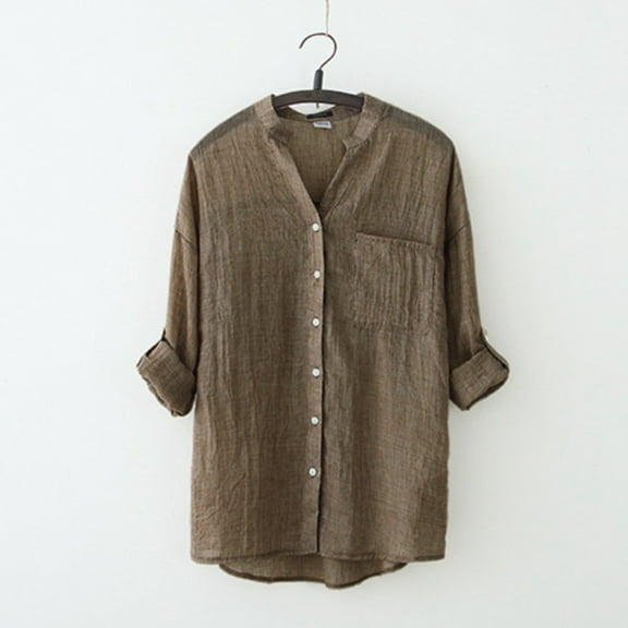 Lightweight Women's Linen Sunscreen Shirt Japanese Style Loose Fit 3/4 Sleeve Stand Collar Blouse For Summer Casual Wear Button up Blouse Womens Button up Shirts Women Button down Shirt And Blouse