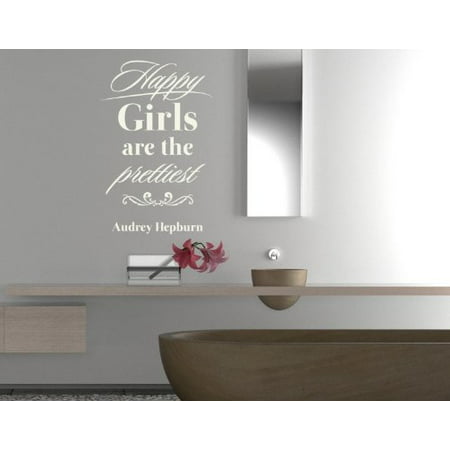 Happy Girls Are the Prettiest Wall Decal - wall decal, sticker, mural vinyl art home decor, Audrey Hepburn quotes and sayings - 4325 - Gentian, 20in x 31in