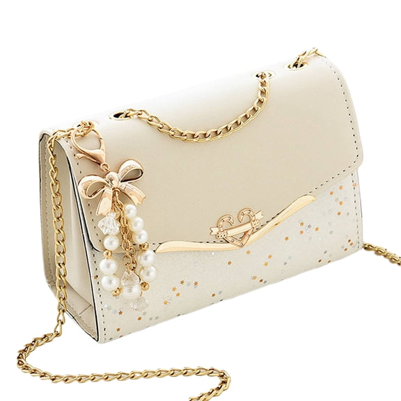 Women's Sparkling PU Leather Crossbody Bag Ladies Flap Chain Shoulder Purse Sequins Satchel with Bow Pearl Decoration