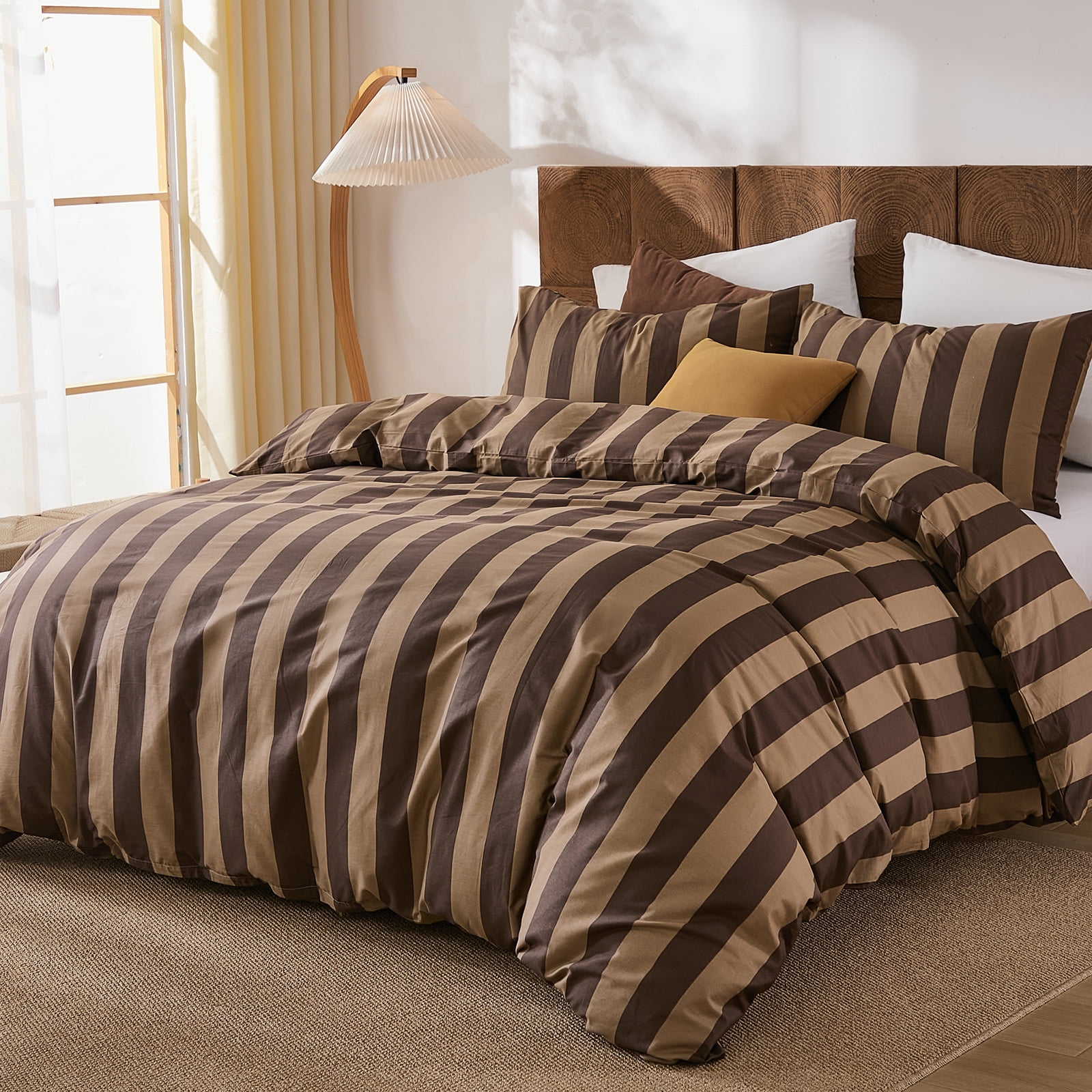 Brown Striped Duvet Cover Set Queen Size, 100% Natural Cotton Linen Like Duvet Cover Set with Zipper Closure & 8 Corner Ties, Brown Khaki Soft Reversible Bedding for All Seasons