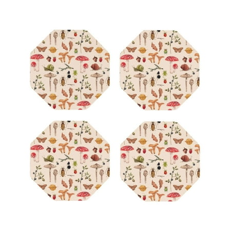 

Fuzoiu Retro Autum Mushrooms Print Leather Coasters Set Drink Coasters Set of 4 for Tabletop Protection Durable PVC Coasters Home Décor and Housewarming Gift-Octagon