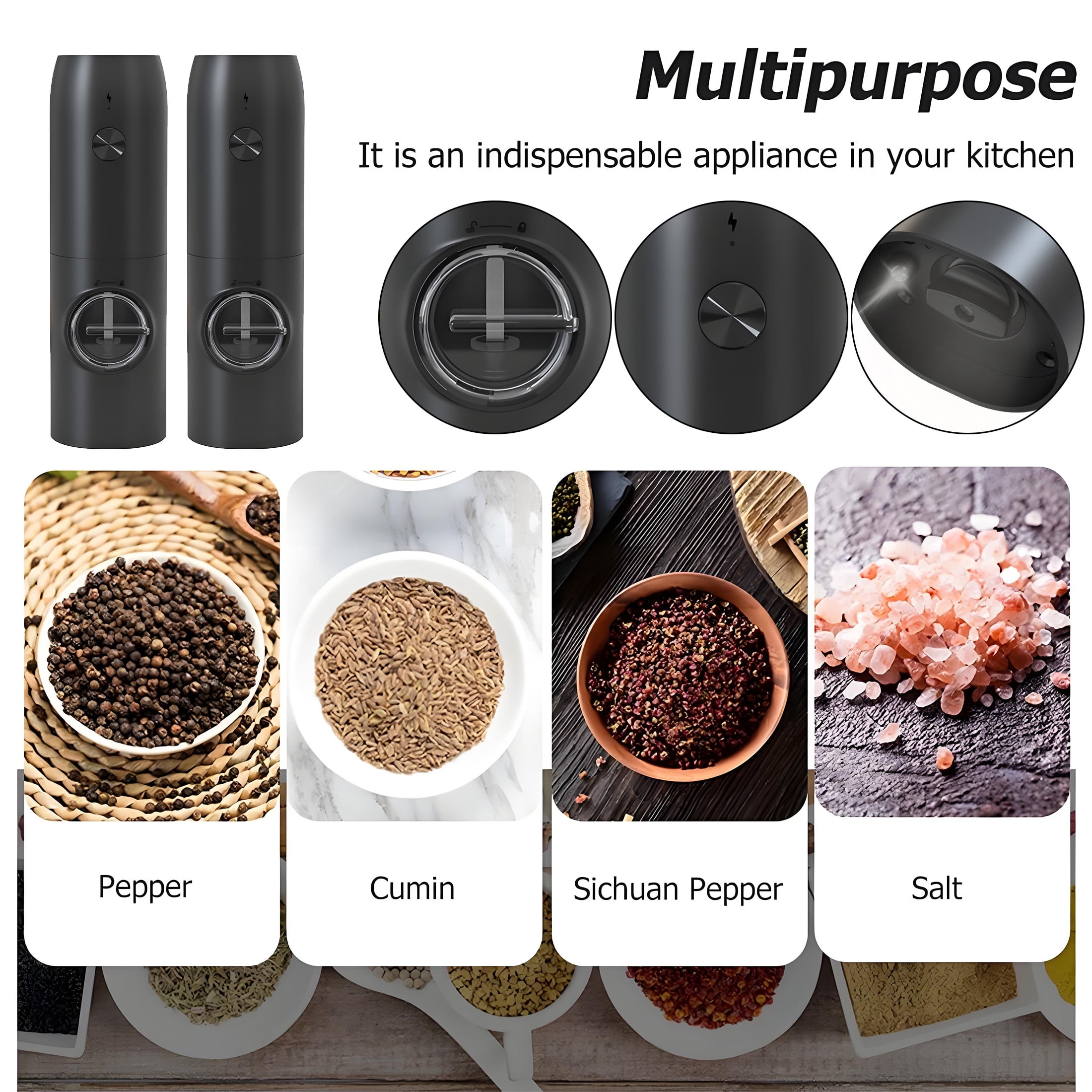 ACDANC 2Pcs Electric Salt and Pepper Grinder Set,Abs 2.37 oz Salt Grinder,Adjustable Coarse & Fine Grind,Portable Electric Salt Grinder for Kitchen Cooking,RV,Camping,BBQ