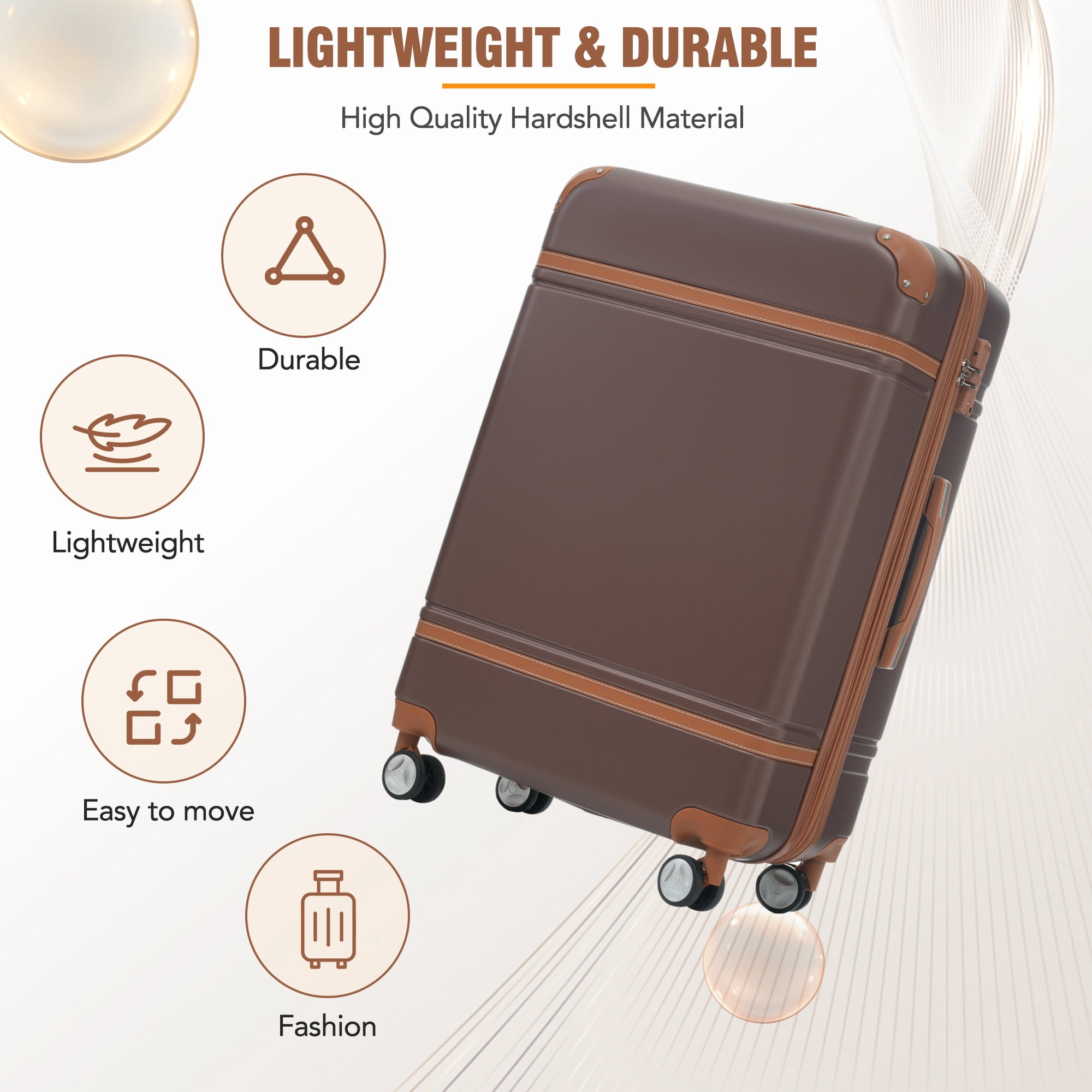 MAYEERTY Vintage 3-Piece Luggage Set: 20"+ Expandable 24" Hardside Suitcase + Cosmetic Case, TSA Lock & Spinner Wheels, Brown