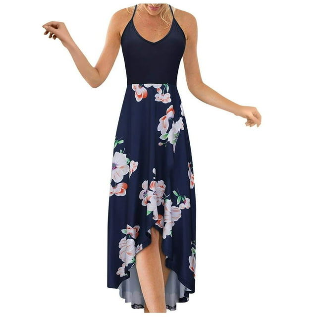 Jupes pour Femmes Mode Décontractée Col en V Sans Manches Bretelles Dos Nu Robe Imprimée Sexy