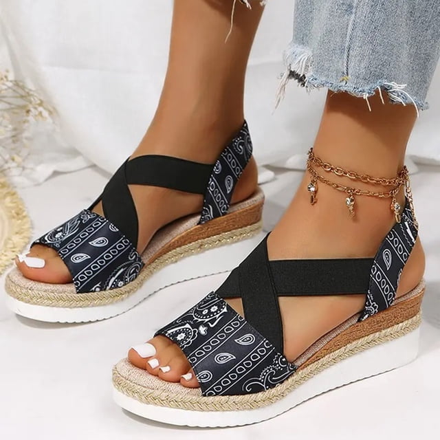 LSLJS Sandales Compensées pour Femmes, Sandales pour Femmes Imprimées Pantoufles de Plage d'Été Plateforme Compensée Soutien de Voûte Chaussures Orthopédiques