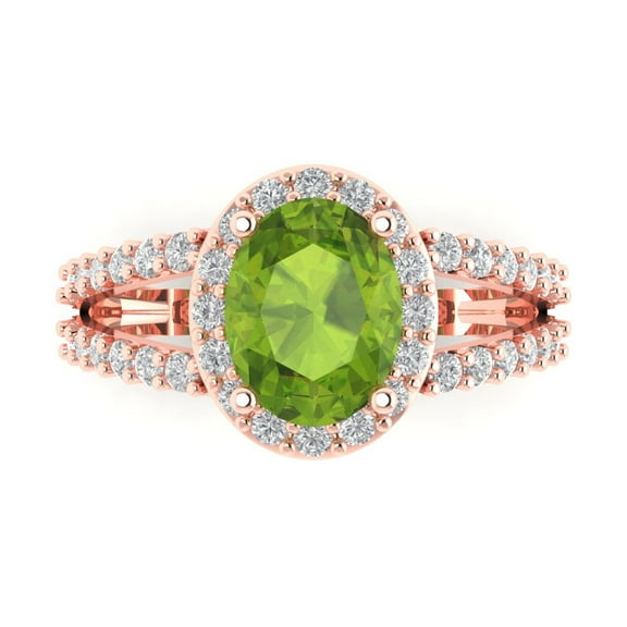 2.78ct Oval Cut Green Natural Peridot 14k Pink Rose Gold Engraving Statement Bridal Wedding Halo Designer Ring Size 7.5