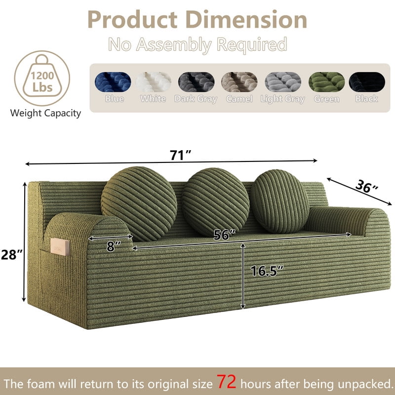 PORKISS 71 Inch Green Corduroy Couch, Boneless Cloud Couch, No Assembly Floor Sofa with 3 Round Pillows, Comfy 3 Seater Sofa Couch for Living Room, Apartment, Bedroom, Small Space