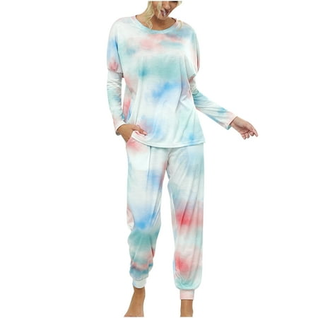 

Women s Pajamas Lounge Set Casual Soft Tie Dye Crewneck Long Sleeve Top and Pants 2 Piece Outfits Pjs Sleepwear
