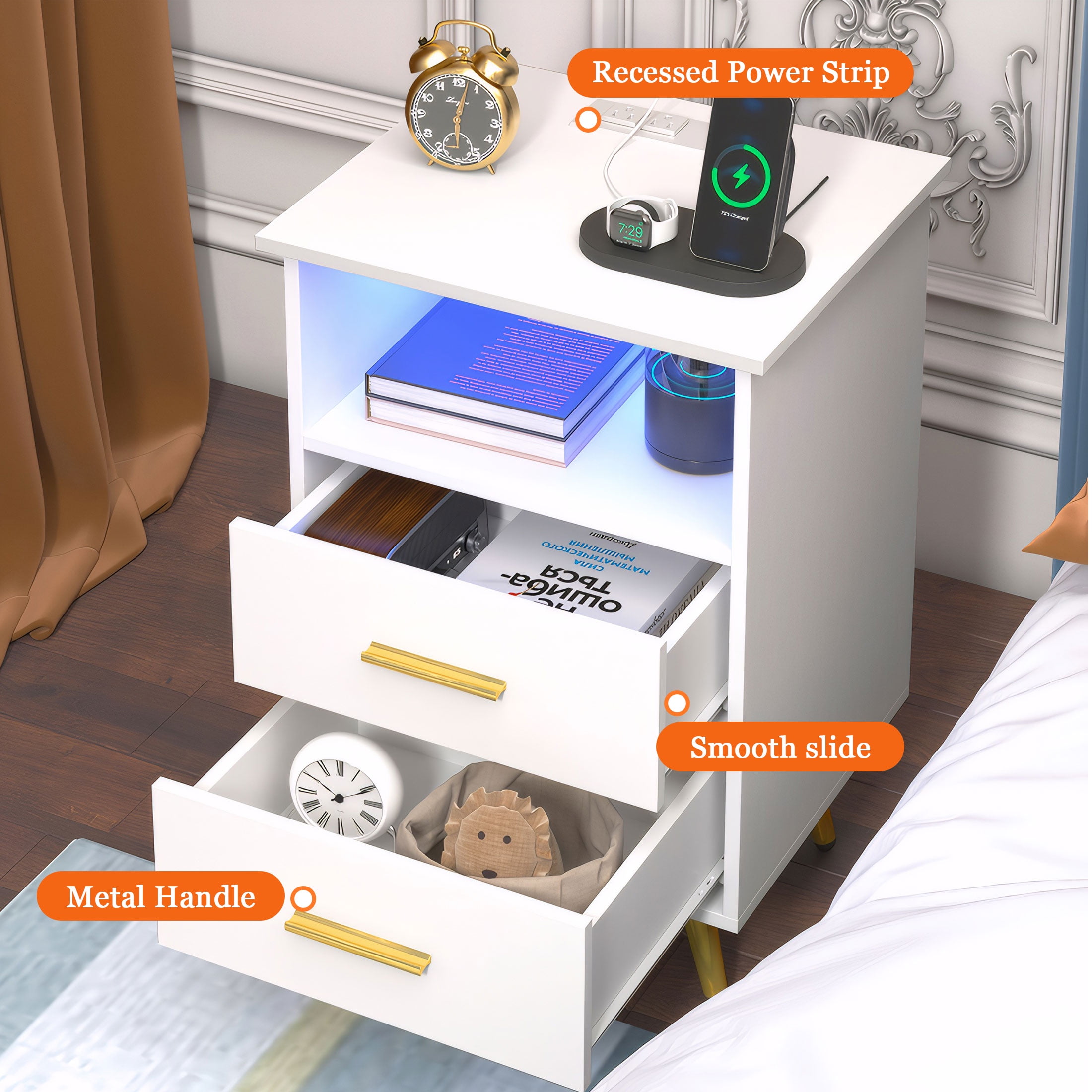 UHOMEPRO White Nightstand with Charging Station, Bedside Table with LED Lights Strips, Modern End Side Table, Versatile Nightstand with Drawers, Side Table for Home and Office
