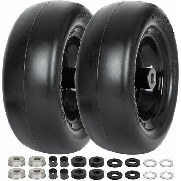 WEIZE Lawn Mower Tires 11x4.00-5 Flat Free Smooth Tractor Garden Tire Zero Turn Universal Fit 3.4"-4"-4.5"-5" Centered Hub 3/4" Or 5/8" or 1/2"Bushings Adapter Kit Included Set Of 2
