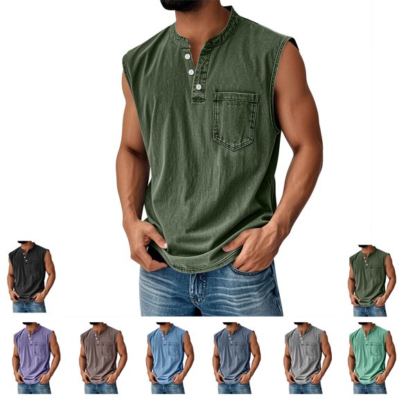 Antinious Men Solid Texture Button Pockets Collared Sleeveless Vintage Pullover Blouse