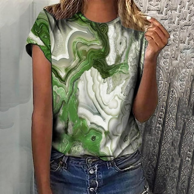T-Shirts pour Femmes, Mode Femmes Nouveau Style T-Shirts Imprimés Manches Courtes Col Rond Blouses Été Décontracté Hauts Dames