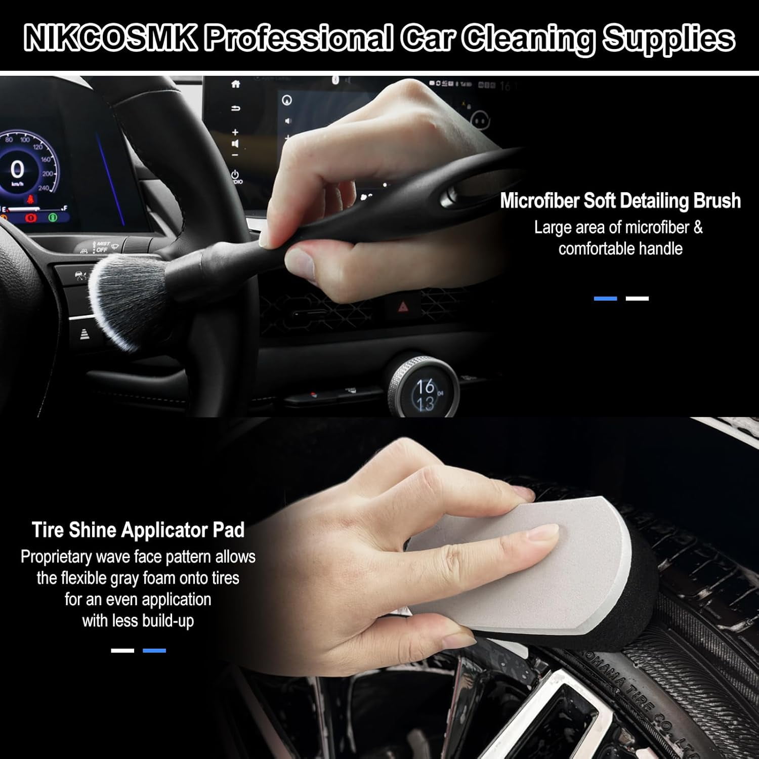 9Pcs Car Wheel & Tire Brush Kit, Wheel Cleaner Brush, Soft-bristled Rim Brush, Car Drying Towel (36"x 24"), Tire Shine Applicator Pad, Car Wash Mitt
