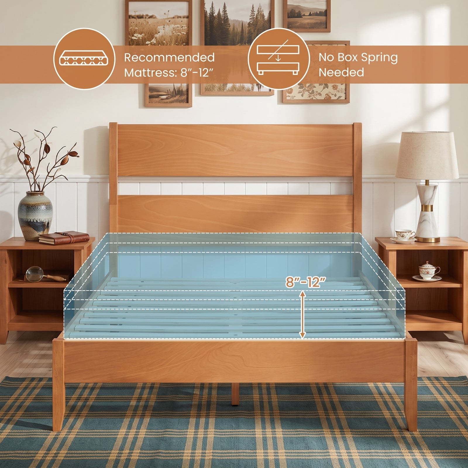 Furnibear Full Size Bed Frame Wood Platform Bed with Panel Headboard, Solid Wood Legs and 12 Slats for Bedroom, Warm Brown