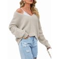 thumbnail image 3 of Women Casual V Neck Solid Color Long Sleeve Off Shoulder Loose Crop Pullover Sweater Tops, 3 of 8