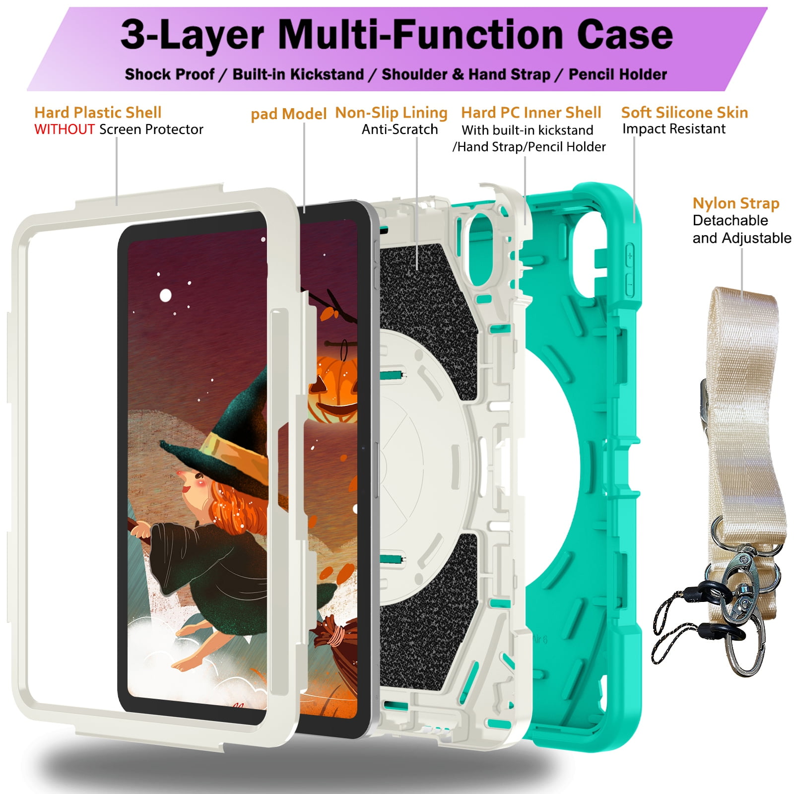 ELEHOLD Case for Apple iPad 10th Gen, Heavy Duty Shockproof Case with Pencil Holder/Stand/Hand Strap/Shoulder Belt, Rugged Protective Cover for Boys Girls,Mint