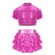 thumbnail image 3 of Traje de actuación de danza de ballet de jazz para niñas y porristas con top corto de lentejuelas y pantalones cortos con falda y volantes escalonados, 3 of 5