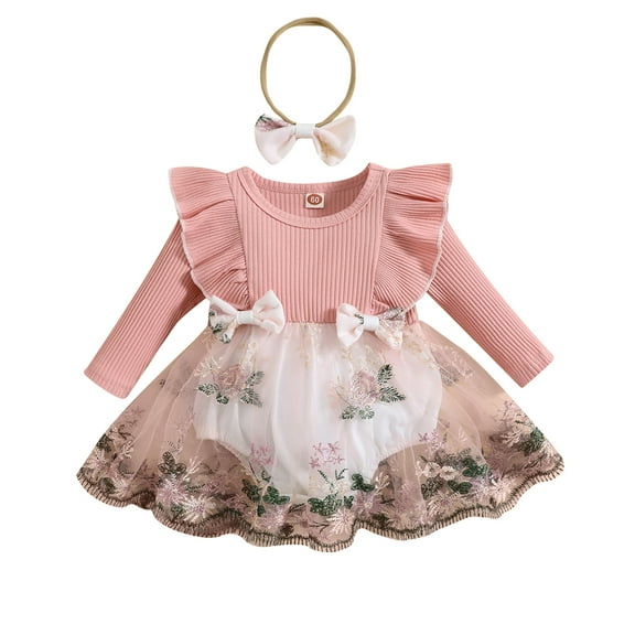Newborn Baby Girl Romper 3M 6M 12M 18M 24M Long Sleeve Ruffle Romper Dress Cute Headband 2 Piece Outfits