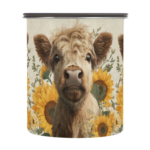 900ml Stainless Steel Food Storage Containers Highland Cow and Sunflowers Airtight Kitchen Canisters with Vacuum Lid for Coffee Tea Flour Sugar Grains