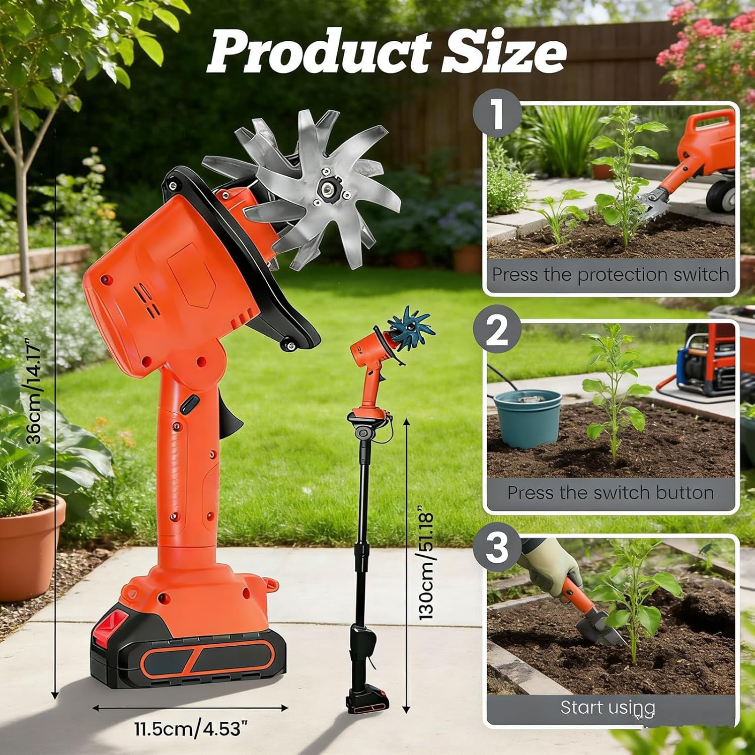 21V Cordless Mini Tiller Cultivator, Handheld Tilling Machine, Electric Garden Tiller, for Gardening, with 2 * 1.5Ah Batteries & Charger, 5In Tilling Width and 5In Depth Garden Rototiller (with Pole)