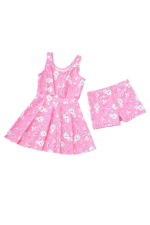 Girls Swimsuit Two Piece UPF 50+ Floral Skirted Bathing Suit Modest Beach Swim Dress,Color:Pink,Size:2-3 Years