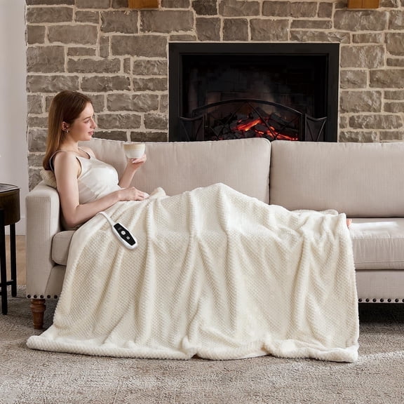 Heated Blanket Electric Throw 50"*60",Cozy Faux Rabbit Fur & Soft Flannel Warm Heating Blanket with 10 Fast Heating Levels &4 Hours Auto-off ,over-heat Protection ETL Certified,Machine Washable