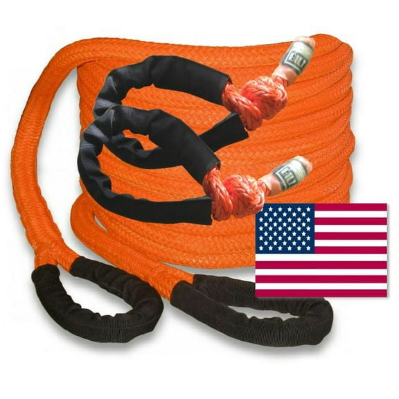 U.S. made 1 inch X 30 ft "Safety Orange" Safe-T-Line® Kinetic Snatch Rope with Soft Shackles (pair) - 4X4 VEHICLE RECOVERY)