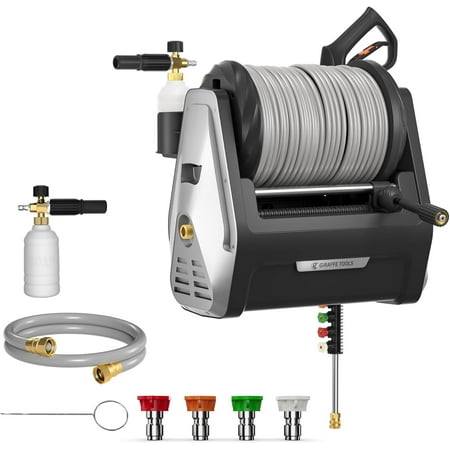 LINGYUAN Grandfalls Pressure Washer, Max 2400 PSI, 2.0 GPM Electric Wall Mounted Power Washer with 100ft Grey Retractable Pressure Hose, Foam Cannon, 4-Nozzles for Car/Driveways/Patios