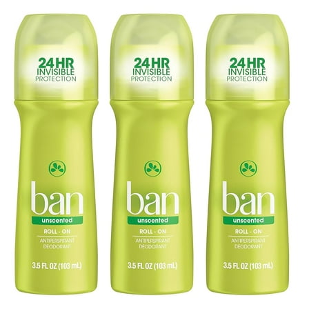 Ban Invisible Roll-On Antiperspirant Deodorant Roll-On 3 Pack with Unscented, 3.5 fl oz
