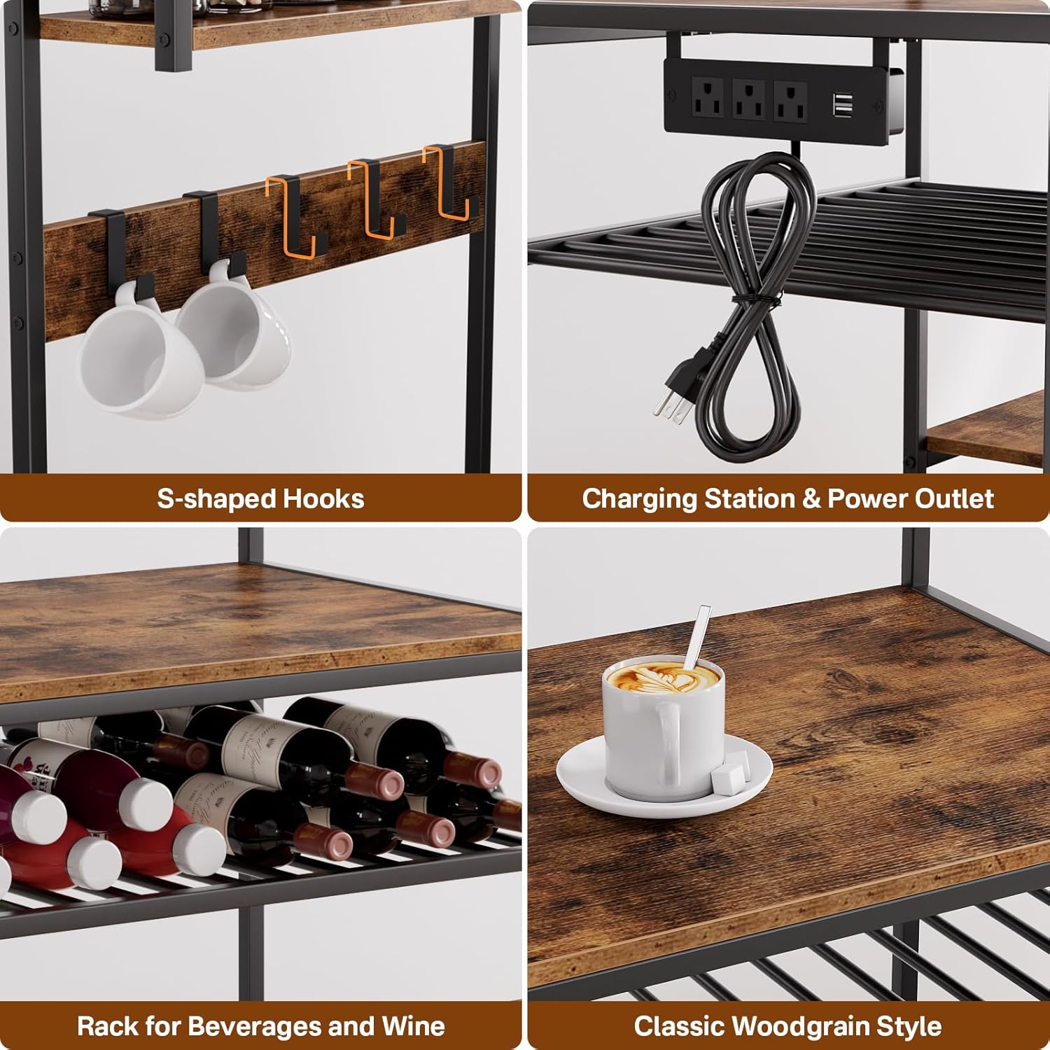 Kitchen Shelf Bakers Rack with Power Outlet, Mini Fridge and Microwave Stand Coffee Bar Table with S-Hooks, Storage Shelf Rack for Spices, Pots and Pans - Rustic Brown