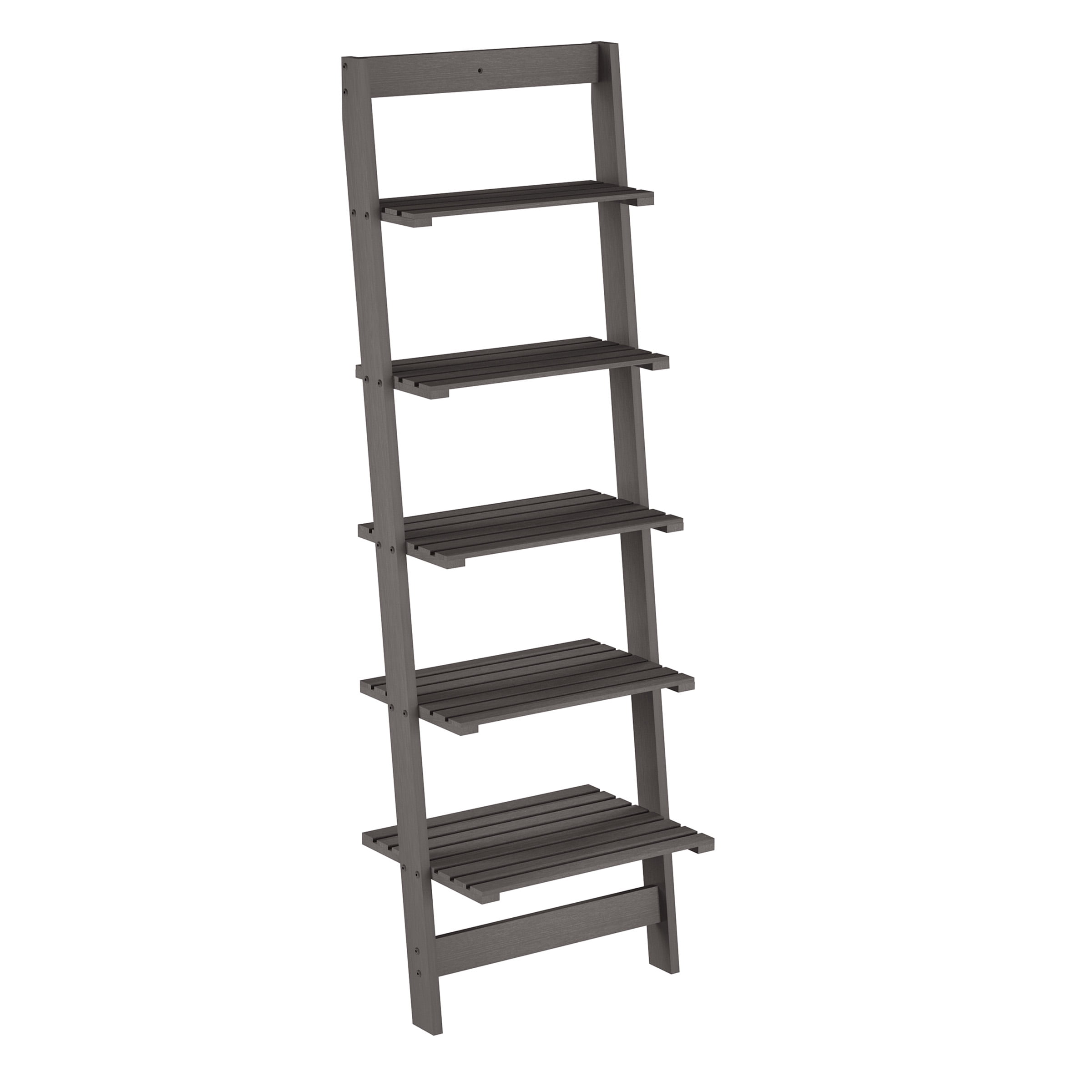 Lavish Home 5 Tier Slatted Wood Leaning Ladder Shelf for Narrow Storage Wooden Bookcase for Living Room Bathroom Kitchen Office or Bedroom Gray