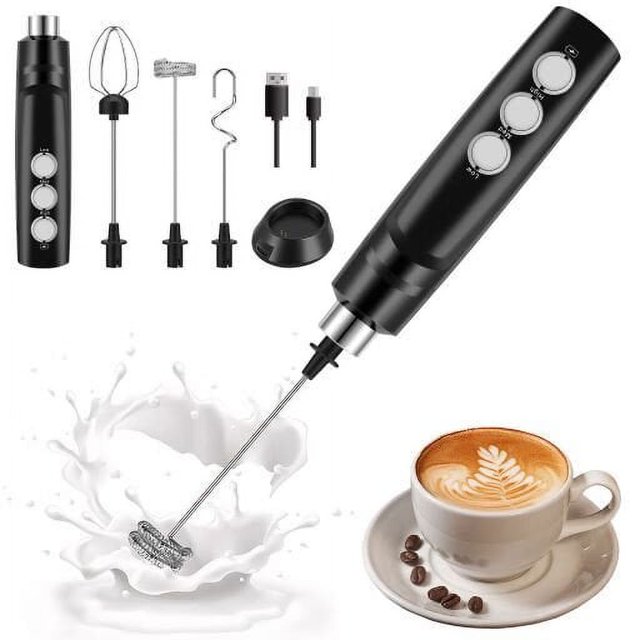 Electric milk frother with 3 whisk heads and 3 adjustable speed settings, shown in black with stainless steel attachments. Includes a USB Type-C charging cable, charging stand, and detachable whisk heads for various mixing needs. Suitable for frothing milk, coffee, lattes, cappuccinos, and more. Compact and portable design with one-button operation.