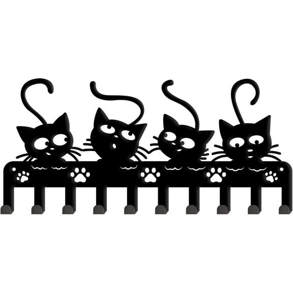 Black Cats Wall Hooks Key Holder Cats Decorative Hooks Rack Hangers Iron Hook Wall Mounted Hooker with 10 Hooks for Key Hook Hats Metal Hooks