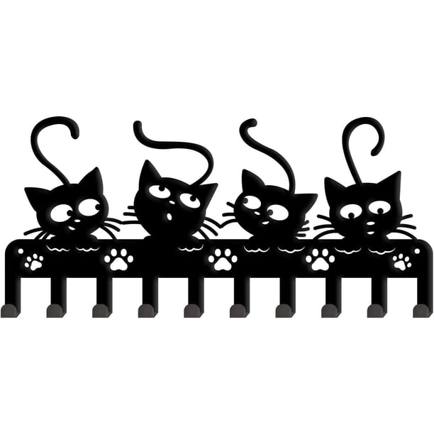 Ganchos de pared con forma de gato negro, llaveros, ganchos decorativos, perchero de hierro, gancho de pared con 10 ganchos para llaves, sombreros y ganchos de metal.