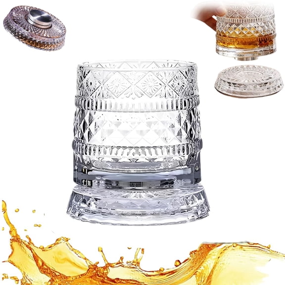 Spinning Whiskey Glasses,Diamond Cut Crystal Tumbler,360 Degree Rotatable Cocktail Wine Cup with Heavy Base for Home