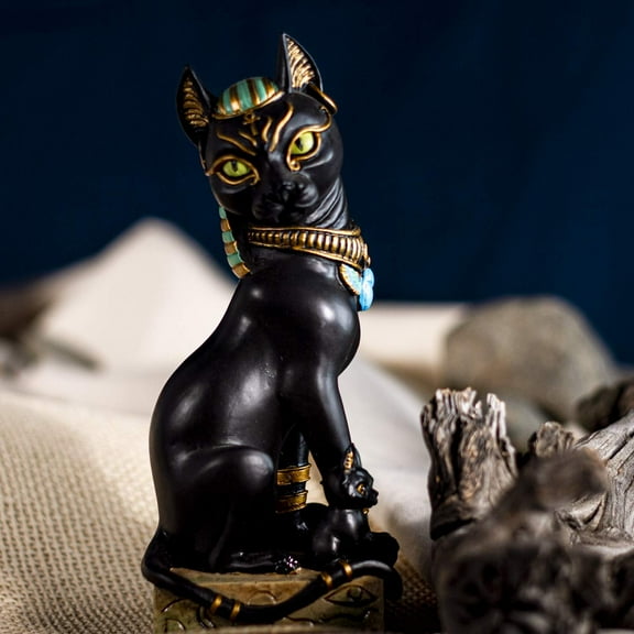 Egyptian Goddess Sitting Cat Bastet Mother With Kittens Statue in Vivid Colors