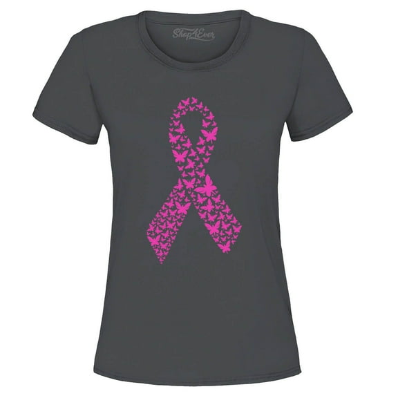 Shop4Ever Women's Pink Butterfly Ribbon Breast Cancer Awareness Graphic T-Shirt Medium Charcoal