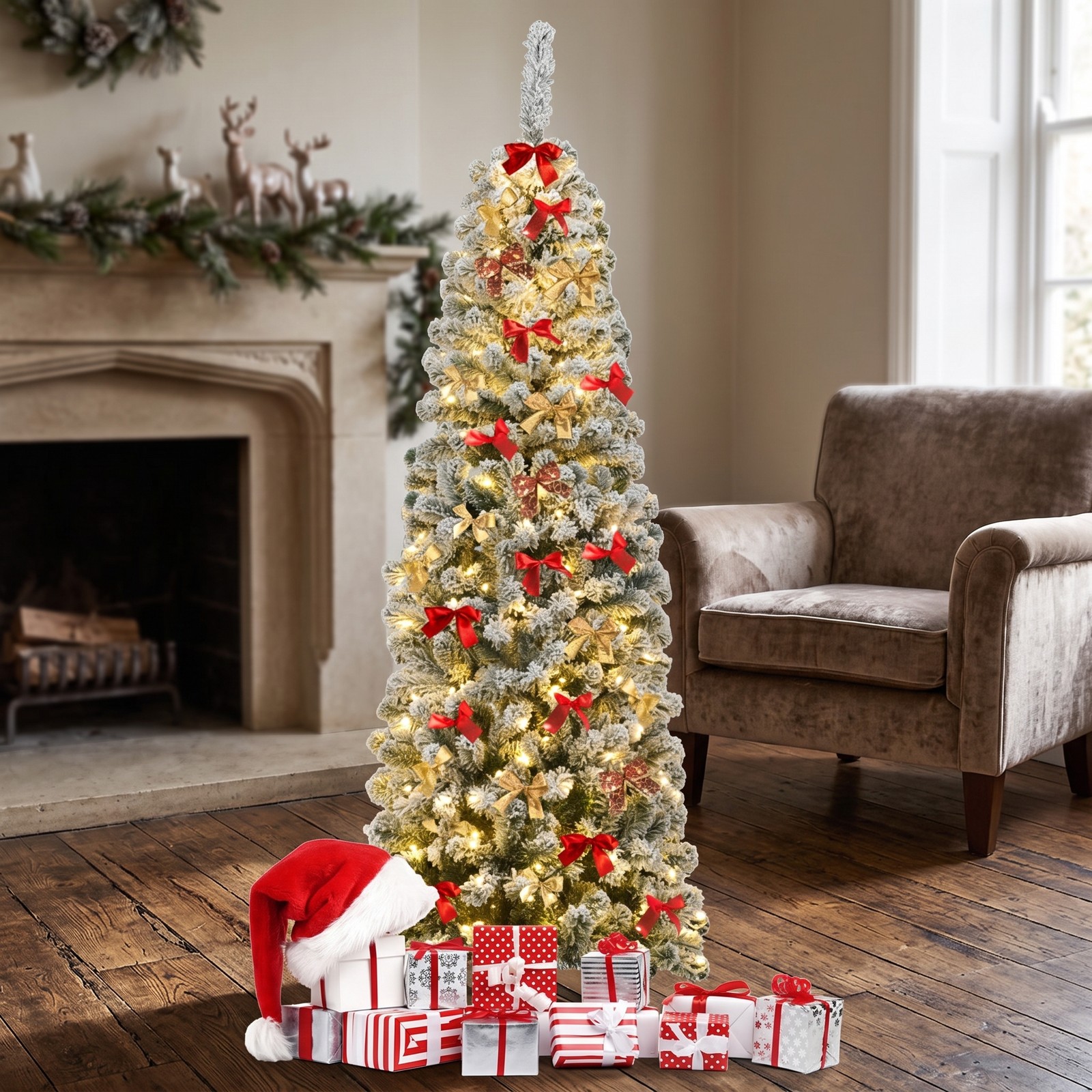 RUIE 6 Feet Pre-Lit Snow Flocked Artificial Pencil Christmas Tree with 250 Warm White LED Lights and 500 Branch Tips, Slim Metal Stand for Home Holiday Decor, White