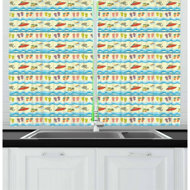 Flip Flop Curtains 2 Panels Set Absurd Illustration Of Sandy Beach With Flowing Sea Waves Straw