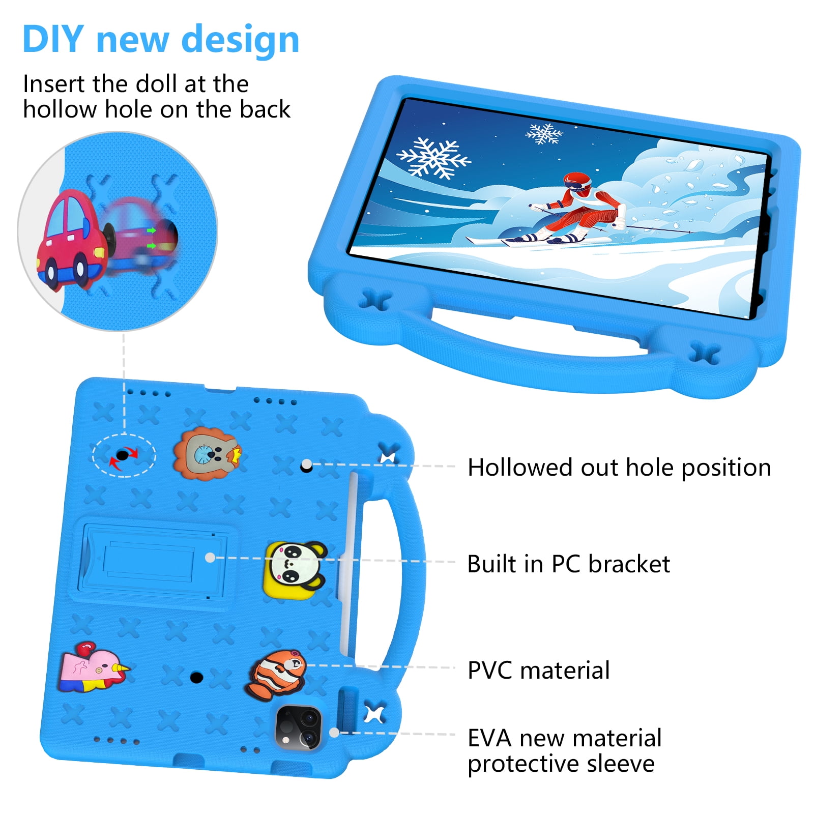Cartoon Handle Case for iPad 10th Gen 10.9" 2022 Case, EVA Foam Cute Pattern with Pencil Holder Kickstand Cute Shockproof PC Case for Apple iPad 10th Gen 10.9" 2022 , Skyblue