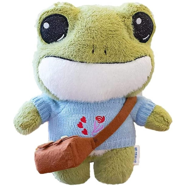 11.8in Stuffed Frog Plush Animal Doll Toy, Super Cute Green Frog Plushies  Pillow with Sweater Clothes and Backpack, Standing Frog Plushie Toy Gift  for Kids Creative Decoration （blue） 
