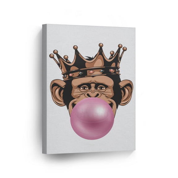 Smile Art Design Funny King Monkey Gorilla with Crown Animal Bubble Gum Art Pink Chewing Gum CANVAS PRINT Wall Art Home Decor Pop Art Kids and Living Room Made in USA 40x30