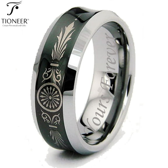 Tioneer Tungsten Carbide Concave Filigree Men Women CZ Wedding Band Ring Yours Forever Engraved 8mm