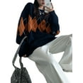 thumbnail image 3 of Seyurigaoka Women Argyle Print Sweater, Round Collar Long Sleeve Knitwear, 3 of 8