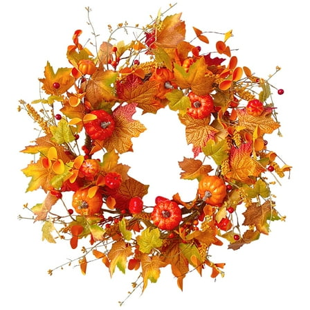 24 Inch Fall Wreath with Pumpkins and Maple Leaves — Large Harvest Wreath for Front Door, Window, Porch, Thanksgiving & Halloween Seasonal Décor