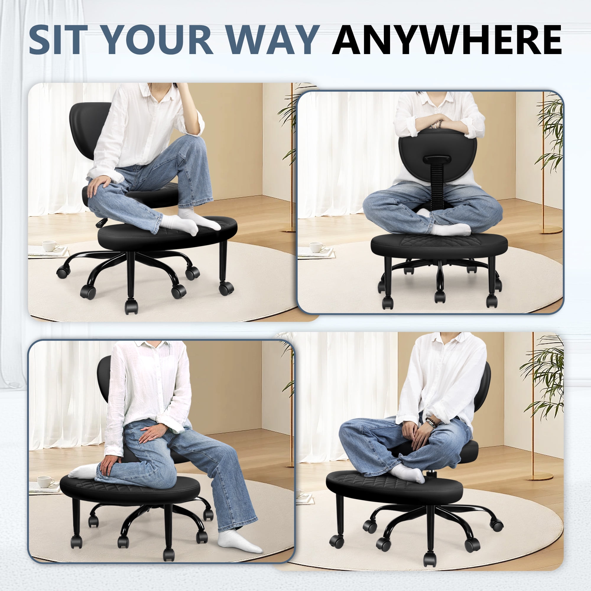 Primy Ergonomic Cross Legged Office Chair, ADHD Meditation Yoga Chair with Back Support, Adjustable Height Kneeling Chair for Adults with Wide Seat