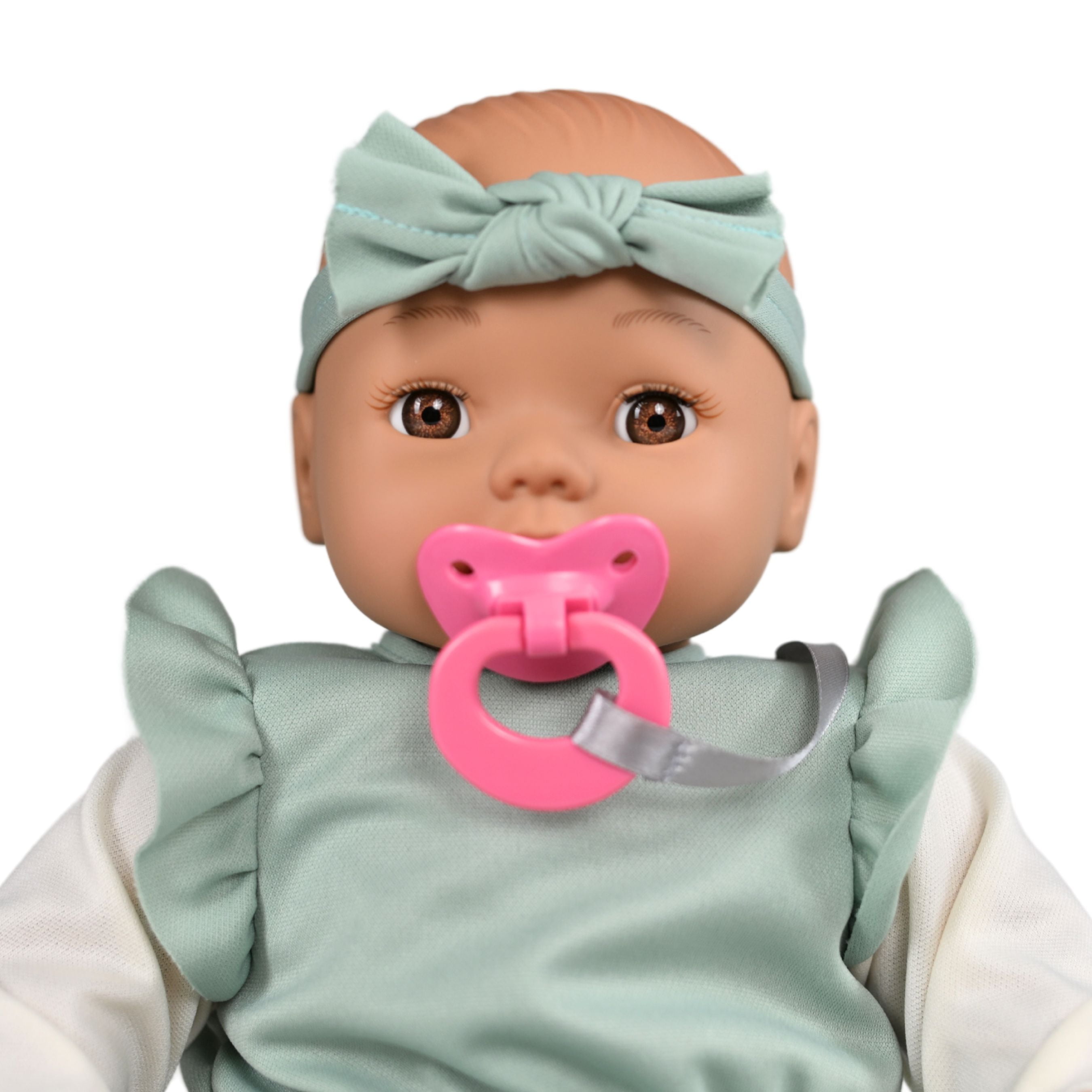 My Sweet Love 18-inch Nurturing Soft Baby Doll with Removable Mint Jumpsuit, Doll with Removable Outfit, Cute Headband and Pretend Pacifier, Brown Eyes