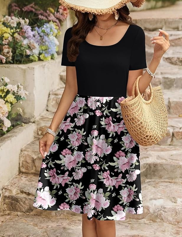 Zeagoo Womens Casual Dress Floral Patchwork Summer Dress Square