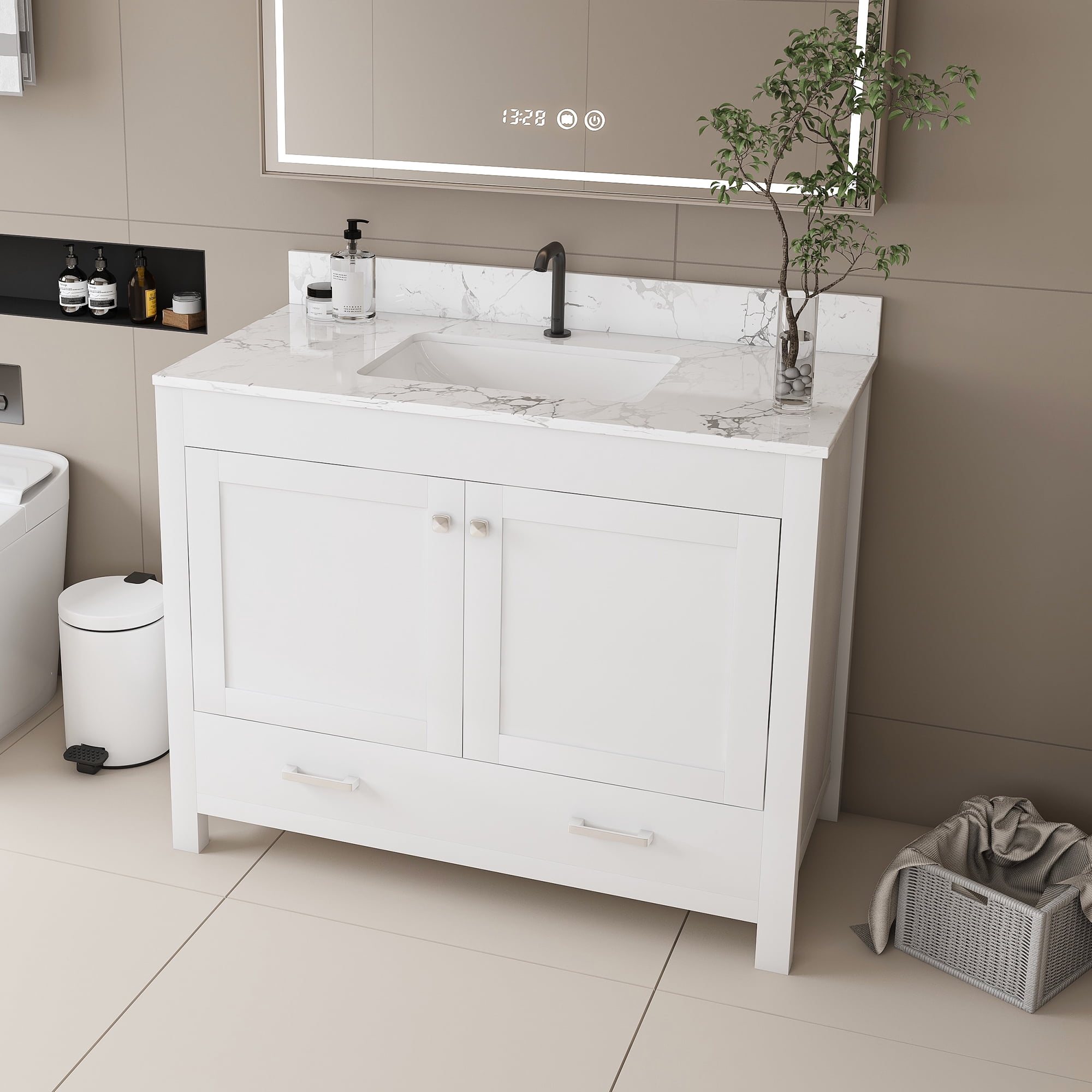 Mintazer 43 Inch Bathroom Vanity Cabinet with Sink, Bathroom Storage Cabinet with Drawer & Single‑Hole Marble‑Pattern Vanity Top for Bathroom, White